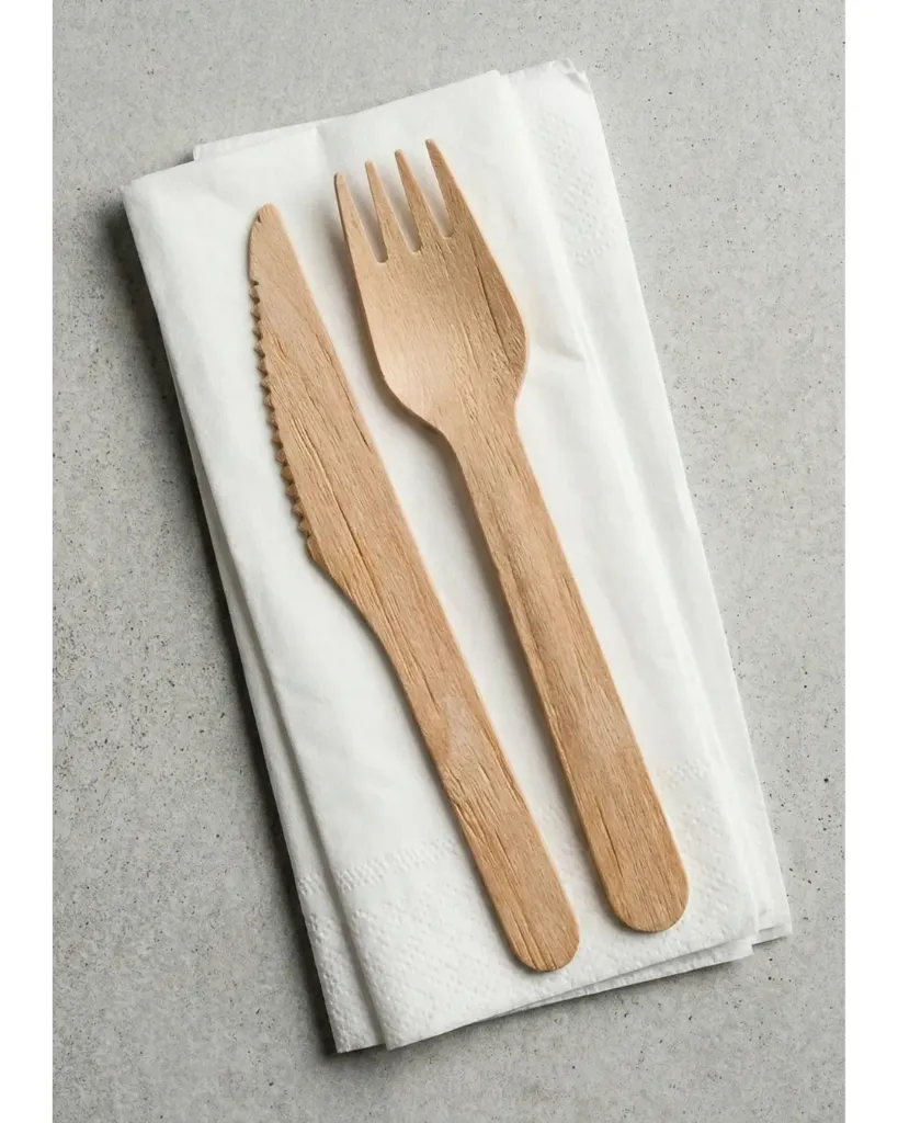 [30.0041] Kit Couverts en Bois Fourchette/Couteau/Serviette - 16 cm (Carton de 500 sets)